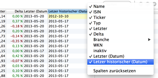 Datum des letzten (historischen) Kurses als Spalte in der Wertpapierliste wählbar