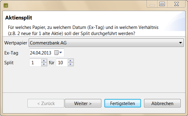Aktiensplit erfassen